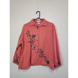 Dressbarn Womens Plus 1X Blouse Corduroy Button Up Orange Floral Embroidery